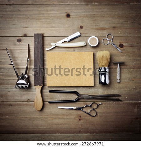 Set of vintage barber shop tools with blank kraft paper
