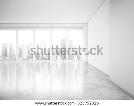 Panoramic windows in office interior with city view. 3d rendering