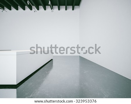 Open space gallery interior with empty walls, lights and black ceiling. 3d render