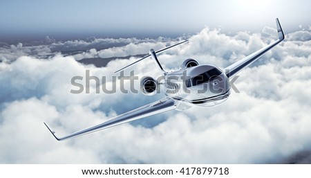 Realistic image of White Luxury generic design private jet flying over the earth. Empty blue sky with white clouds at background. Business Travel Concept. Horizontal. 3D rendering Stock foto © 