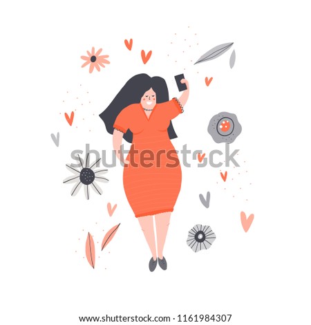 Vector illustration of happy fat female in a dress taking photo. Selfie concept