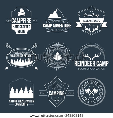 Set of vintage camping and outdoor activity logos. Vector logotypes and badges with forest, trees, mountain, campfire, tent, antlers.