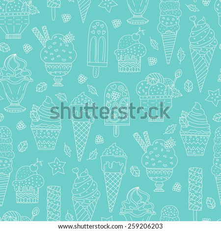 Cute hand drawn seamless pattern with different types of ice cream. Doodle texture with sweet desserts. Perfect background for cafe or restaurant menu.