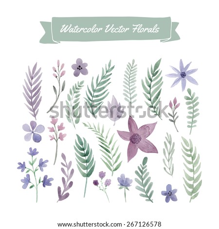 Set of handpainted watercolor vector flowers and leaves. Design element for summer wedding, spring congratulation card. Perfect floral elements for save the date card.