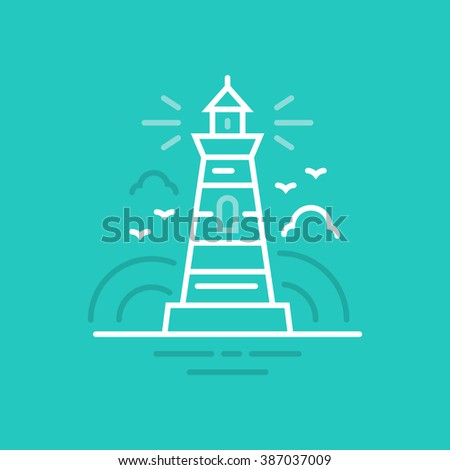 Line style logotype template with lighthouse. Isolated on background and easy to use.  Lighthouse on horizon. Clean and minimalistic symbol. Travel concept.