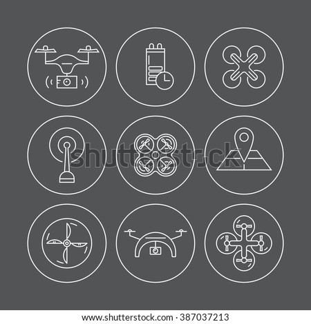 Line icons with inmanned aerial vehicle. Aerial photography and videography. Different views of drone and drone equipment. Set of linear drone icons.