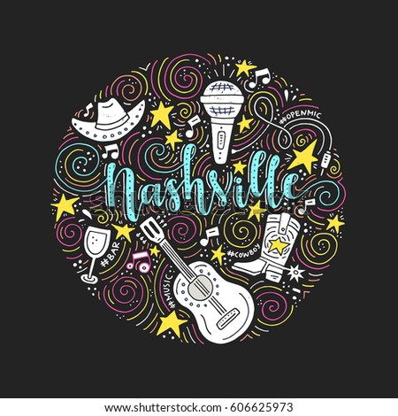 The circle with the Nashville - country music capital of USA. Vector Illustration. 