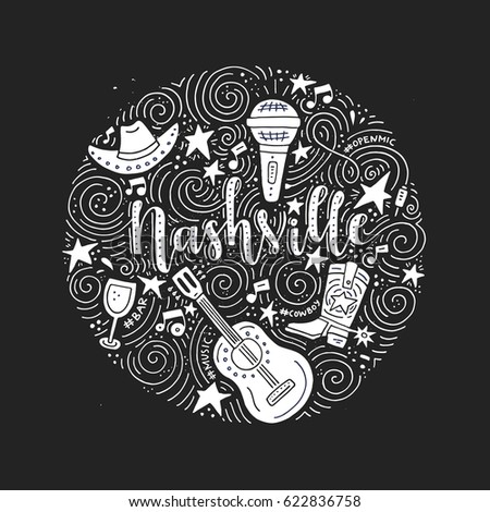 The circle with the Nashville - American city, country music capital of USA. Vector Illustration. 