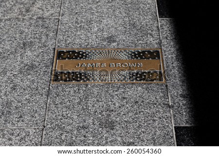 New York, NY, USA - June 15, 2014: A name plate of James Brown: There is the plate front  of The Apollo Theater