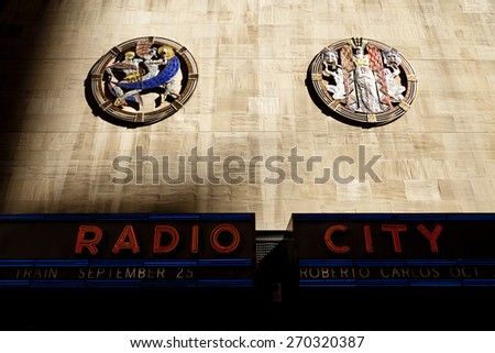 New York, NY, USA - September 17, 2014: Relief of Radio City Music Hall: Radio City Music Hall is an entertainment venue located in Rockefeller Center in New York City.