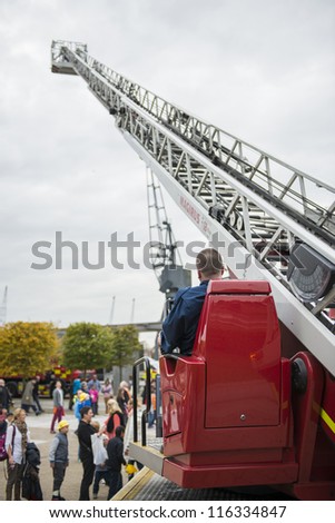 LONDON, UK - OCTOBER 20: Fire fighters from across the globe demonstrate their skills during the three days of the World rescue challenge. October 20, 2012 in London.