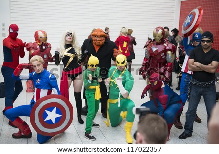 LONDON, UK - OCTOBER 27: Marvel superheroes posing at the London Comicon MCM Expo. Most participants dress up as superheroes to compete in the Euro Cosplay Championship. October 27, 2012 in London.
