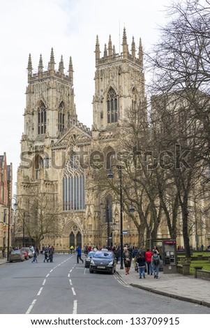 YORK, UK - MARCH 29: Street view from Dumcombe Place showing York Minster at the back. March 29, 2013 in York.