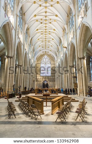 YORK, UK - MARCH 30: The Nave area in York Minster. The cathedral dates back from 1291. March 30, 2013 in York.