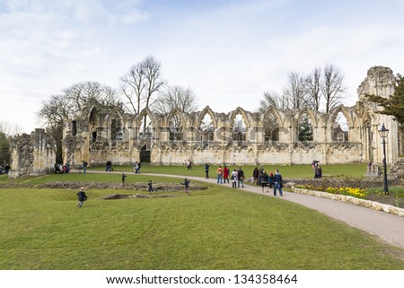 YORK, UK - MARCH 30: Ruins of Saint Mary\'s Abbey. Its construction started in 1086, and it was taken apart during the dissolution of the monasteries in 1539. March 30, 2013 in York.