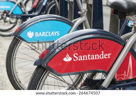 LONDON, UK - MARCH 28: Detail of Boris bikes in line. March 28, 2015 in London. On 27 February 2015. Mayor Boris Johnson secured Santander\'s sponsorship on the bike\'s scheme to replace Barclays bank..