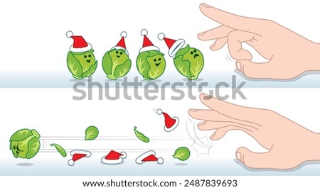 Before and After Action of a group of Happy Green Brussel Sprouts wearing Santa Hats being Flicked by a Finger