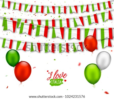 Colorful flags of Italy with confetti, balloons. Festive garlands of pennant, bunting flags. Italian Republic Holiday. Vector background for national celebration party, independence day, travel banner