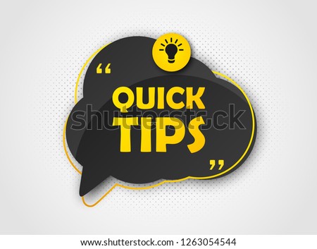 Quick tips, helpful tricks, tooltip, hint for website. Colorful banner with useful information. Vector icon of solution, advice. Black speech bubble with yellow text on background with halftone effect