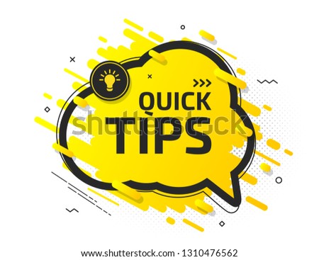 Quick tips, helpful tricks, hint. Tooltip with suggestion of help. Yellow banner with useful information, support, advice. Vector icon of solution, idea. Speech balloon in black frame with light bulb