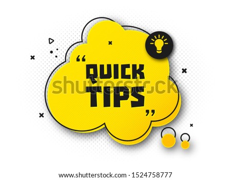 Speech bubble with quick tip. Helpful tricks with useful information for website or blog post. Black - yellow banner with text and quote. Vector icon of solution, advice. Vector illustration