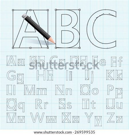 Creative font for your design drawn with a pencil on the drawing paper. Cool set of vector letters of Bezier curves. Font from lines and contours. Alphabet A through Z Vector