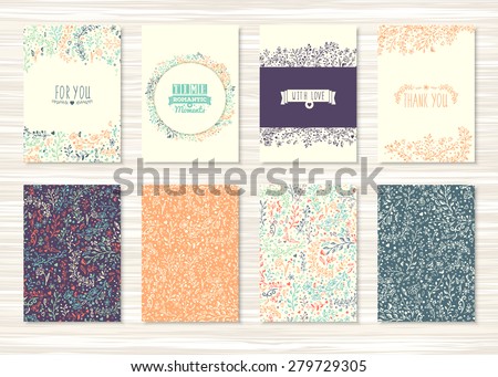 A set of flyers, brochures, templates design. Vintage cards with flower patterns and ornaments. Floral decorations, leaves, flower ornaments. Spring or summer banners vector.