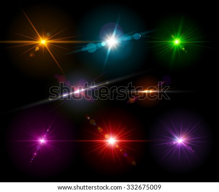 Set of realistic light glare, highlight. Collection of beautiful bright lens flares of 
different colors. Lighting effects of flash. Vector illustration.