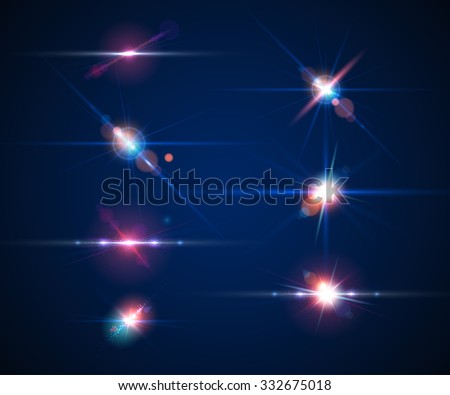 Set of realistic light glare, highlight. Collection of beautiful bright lens flares. Lighting effects of flash. Vector illustration.