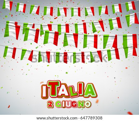 Greeting card for Italian national celebration. 2 of June, Italian Republic Holiday. Colorful flags of Italy with confetti. Festive garlands of pennant. Vector banner for party, conference
