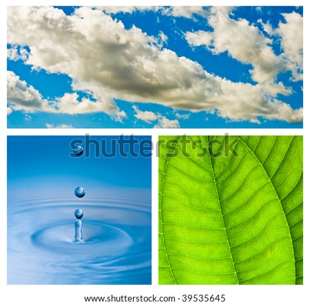 Environmental theme abstract background - gray clouds and blue sky, green leaf with rain drop, blue water drop splash in water.