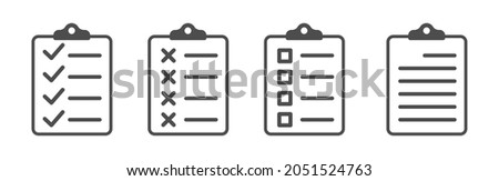 set of document icons. A document icon with text, a tick, a cross and a square. Flat style