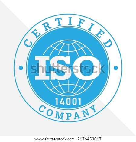 ISO 14001 certification stamp. Flat style, simple design.
