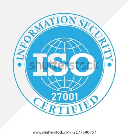 ISO 27001 - Information Security, certification stamp. Flat style, simple design.
