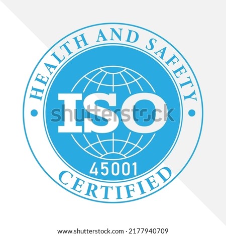 ISO 45001 - Health And Safety, certification stamp. Flat style, simple design.
