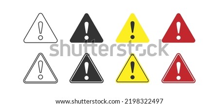Warning. A triangle with an exclamation mark. A sign of attracting attention. A set of warning signs with an empty outline and a filled silhouette. Flat style.