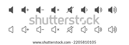 Volume icon. Sound controls. A set of symbols for the volume and control interface. Empty outline and filled silhouette, flat style.