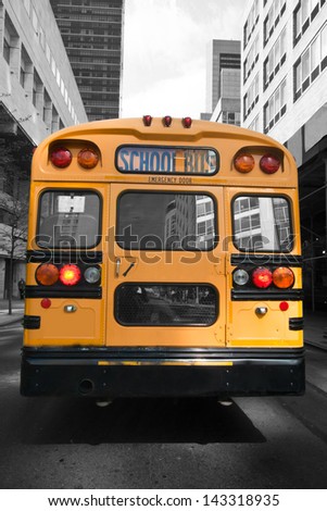 Typical yellow New York style school bus at New York City, USA, United States of America