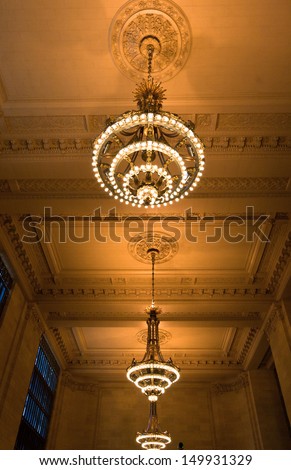 NEW YORK - MAY 7: Grand Central Station lamps on the ceiling of Vanderbilt hall on May 7, 2013, in New York City.