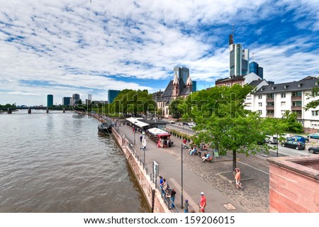 FRANKFURT, GERMANY, MAY 27th, 2013. Frankfurt am Main. Image of Frankfurt skyline during sunny day taken from the Iron Bridge over the Main River on May 27th 2013.