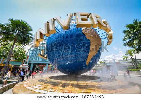 SINGAPORE - April 14: UNIVERSAL STUDIOS SINGAPORE sign on April 14,2014. Universal Studios Singapore is a theme park located within Resorts World Sentosa on Sentosa Island, Singapore.