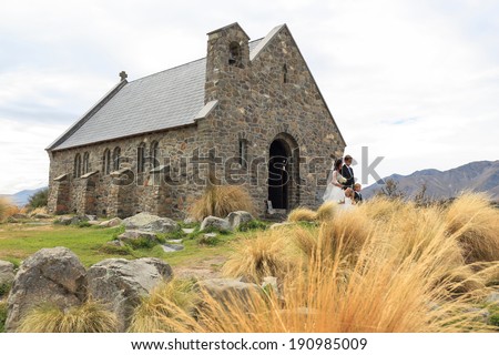 Lake Tekapo,New Zealand - FEB 18, 2014:Wedding ceremony at the church of the good shepherd on 18 Feb 2014 in Lake Tekapo.