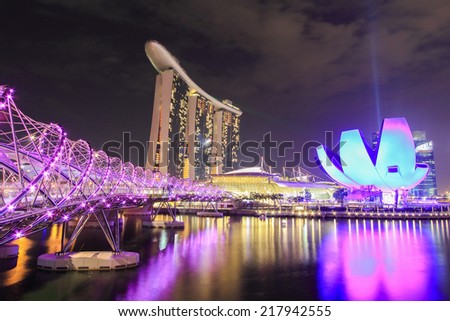 Aug 2014:Front view of the Marina Bay Sands Resort at the mouth of the Singapore River August 15, 2014 in Singapore. This waterfront resort and casino is a tourist attraction.