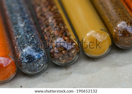 Close-up of various colorful spices, powders and herbs