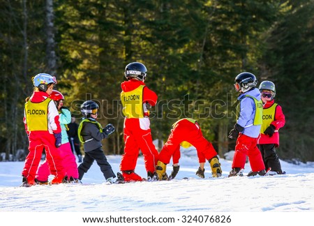 GERARDMER, FRANCE - FEB 19 - French children form ski school groups during the annual winter school holiday on Feb 19, 2015 in Gerardmer, France.
