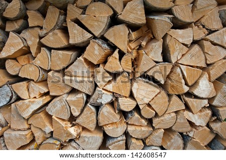 A pile of dry logs, firewood, prepared for the winter season