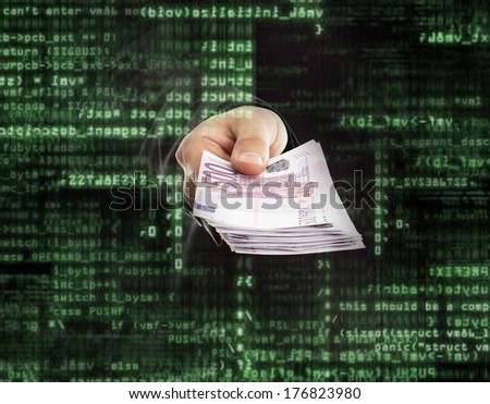Unknown person hand give money from monitor with binary codes on background