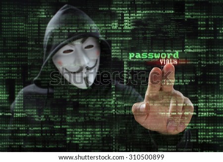 hacker in mask with graphic user interface around