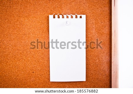 Paper Short Note pin on Wooden Cork Board / write down your text here, background and texture.