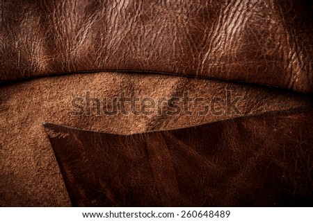 Dark Brown Leather Cutting for Concept and Idea Style of Fine Leather Crafting, Handcrafts Workspace, Handmade Leather Handcrafted, Leather Worker. Background Textured and Wallpaper. Vintage Rustic.